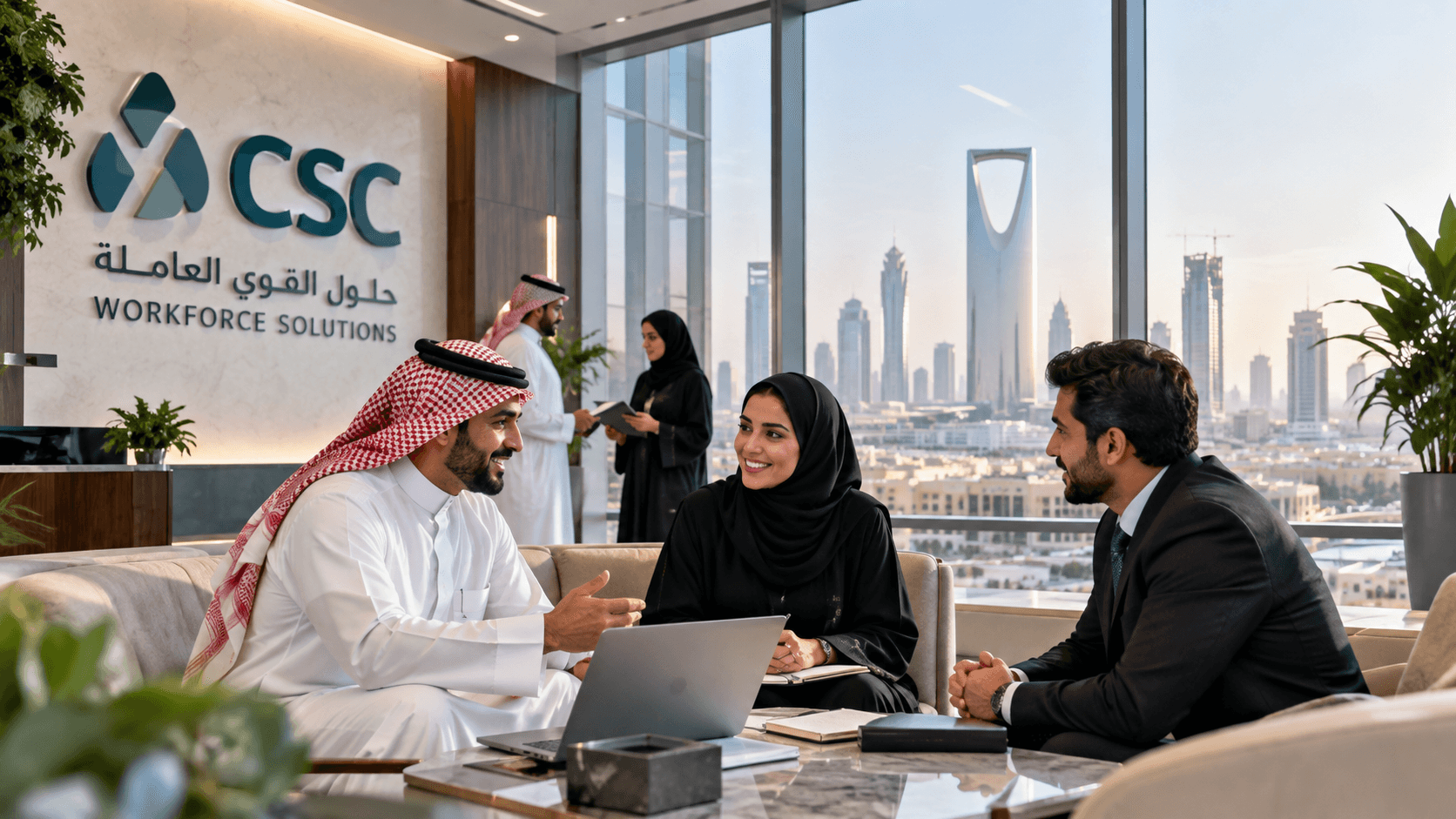 CSC workforce professionals collaborating in a Riyadh corporate office