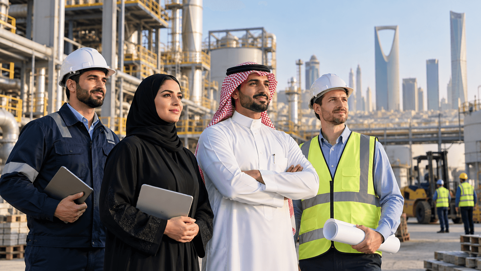 Engineering and industrial professionals representing Saudi Arabia's diverse workforce sectors