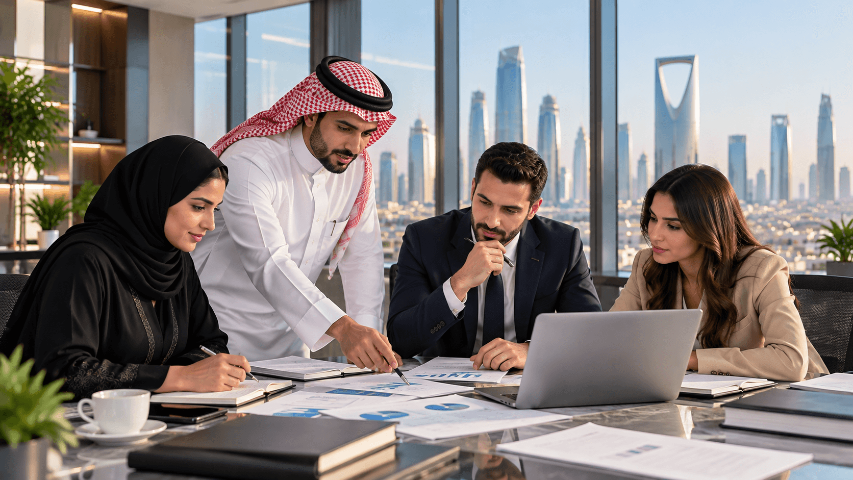 Saudi workforce professionals reviewing recruitment research and business reports in a Riyadh office
