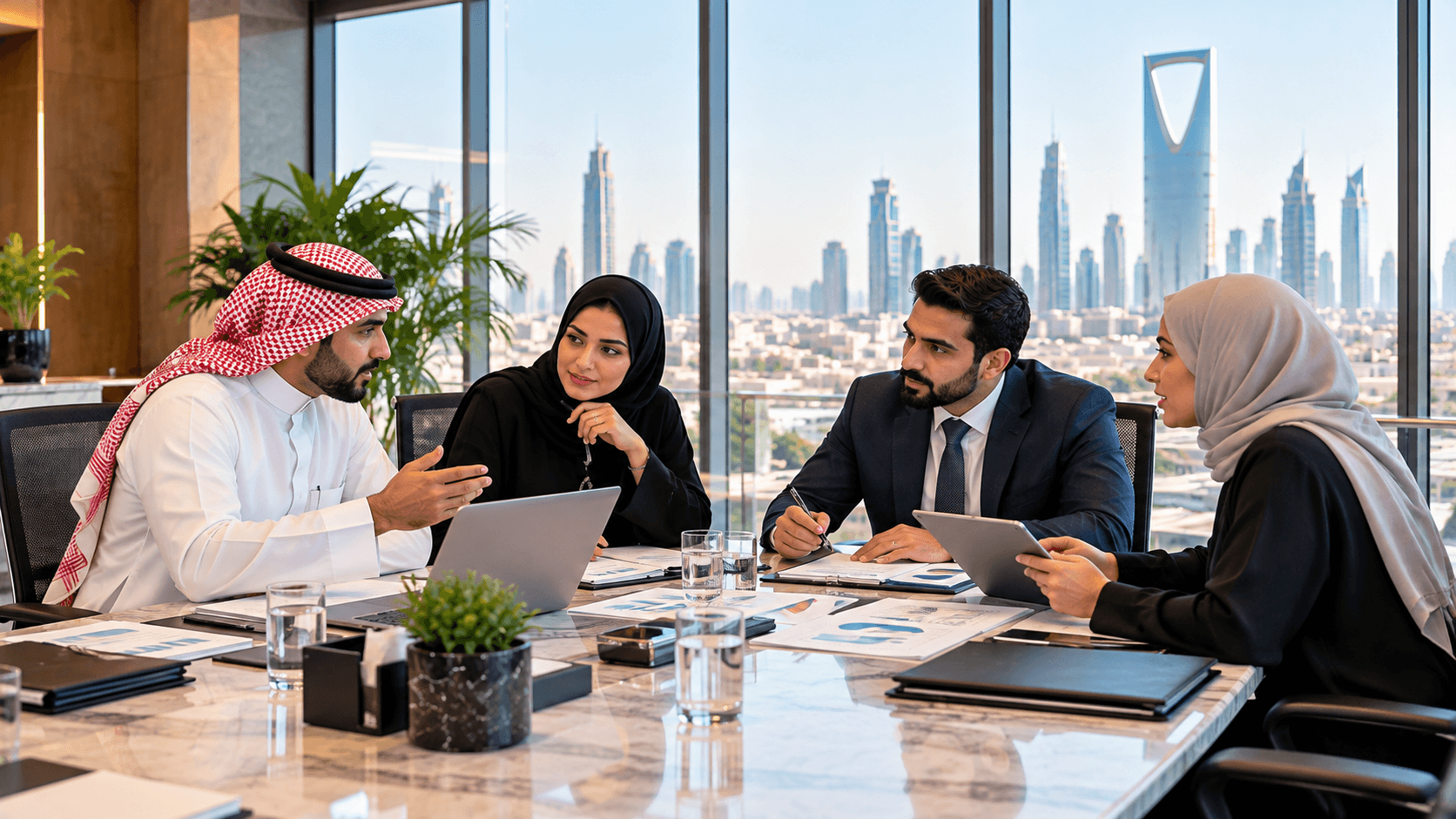 Saudi business leaders discussing workforce planning and business growth in a modern Riyadh office