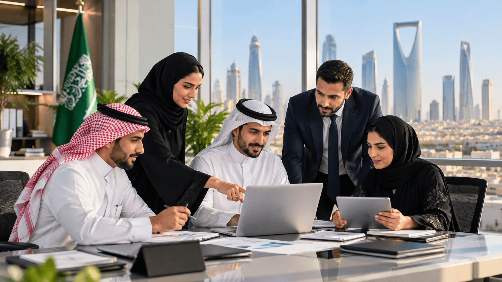 Saudi professionals collaborating on workforce tools and recruitment decisions in a Riyadh office