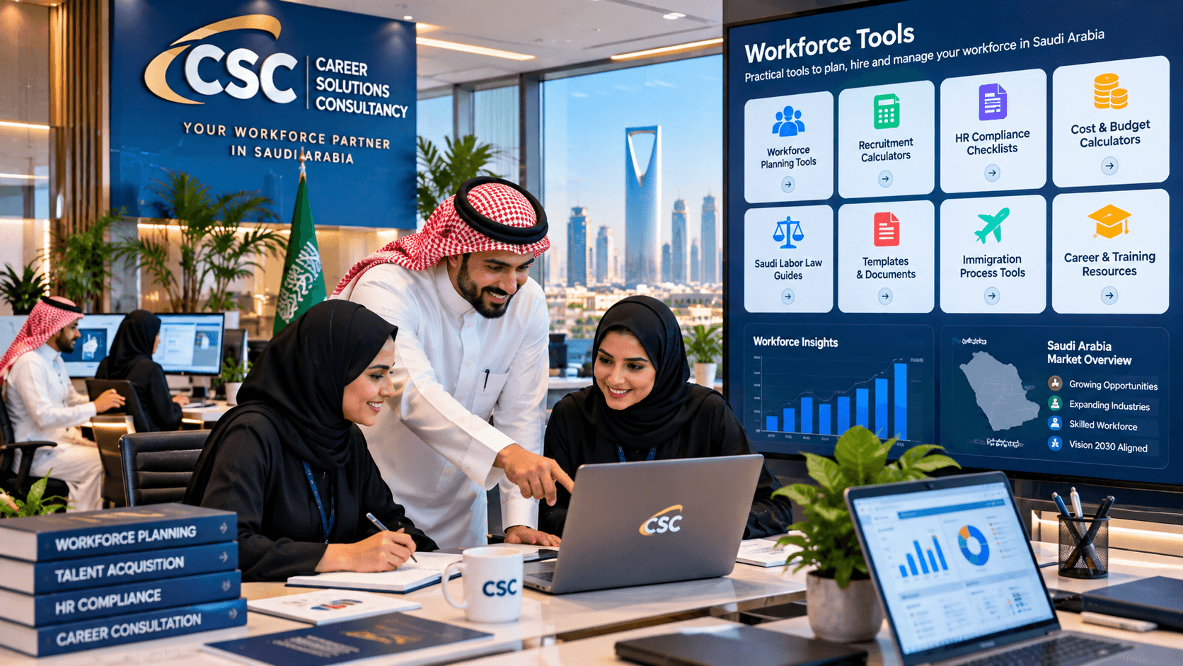 CSC professionals collaborating on workforce tools in Riyadh